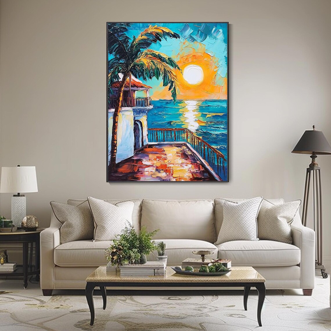 Tropical Balcony Sunset Palm Fronds Turquoise Sea Art Poster - Image 3