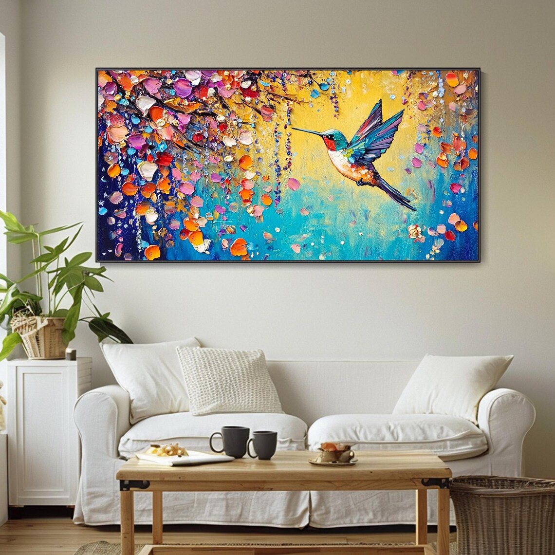Cherry Blossom Waterfall Hummingbird Oil Art Print - Image 5