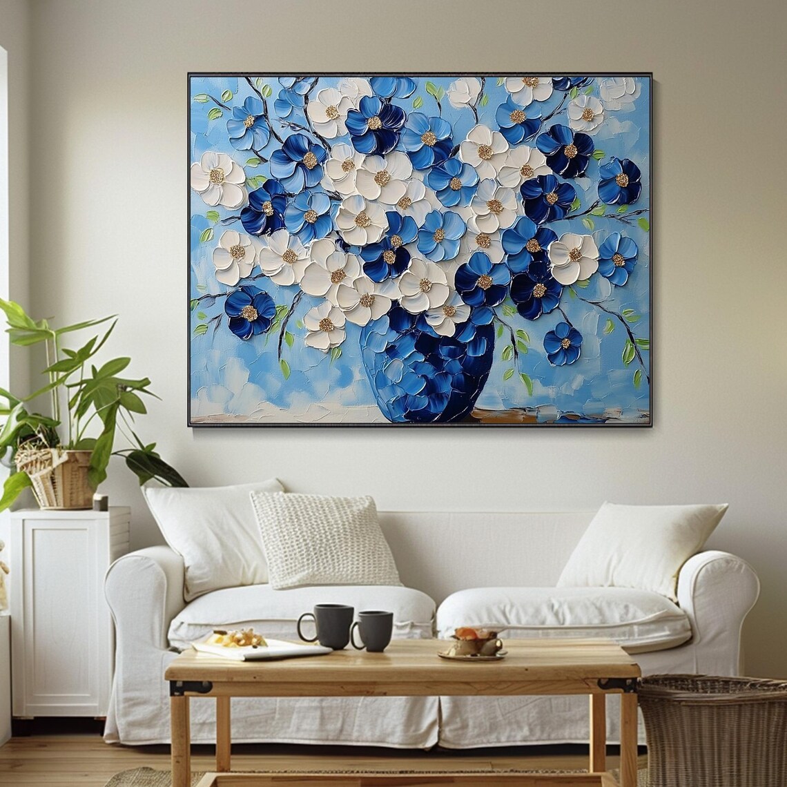 Cobalt Blue and White Blossom Vase Textured Floral Painting Poster - Image 4