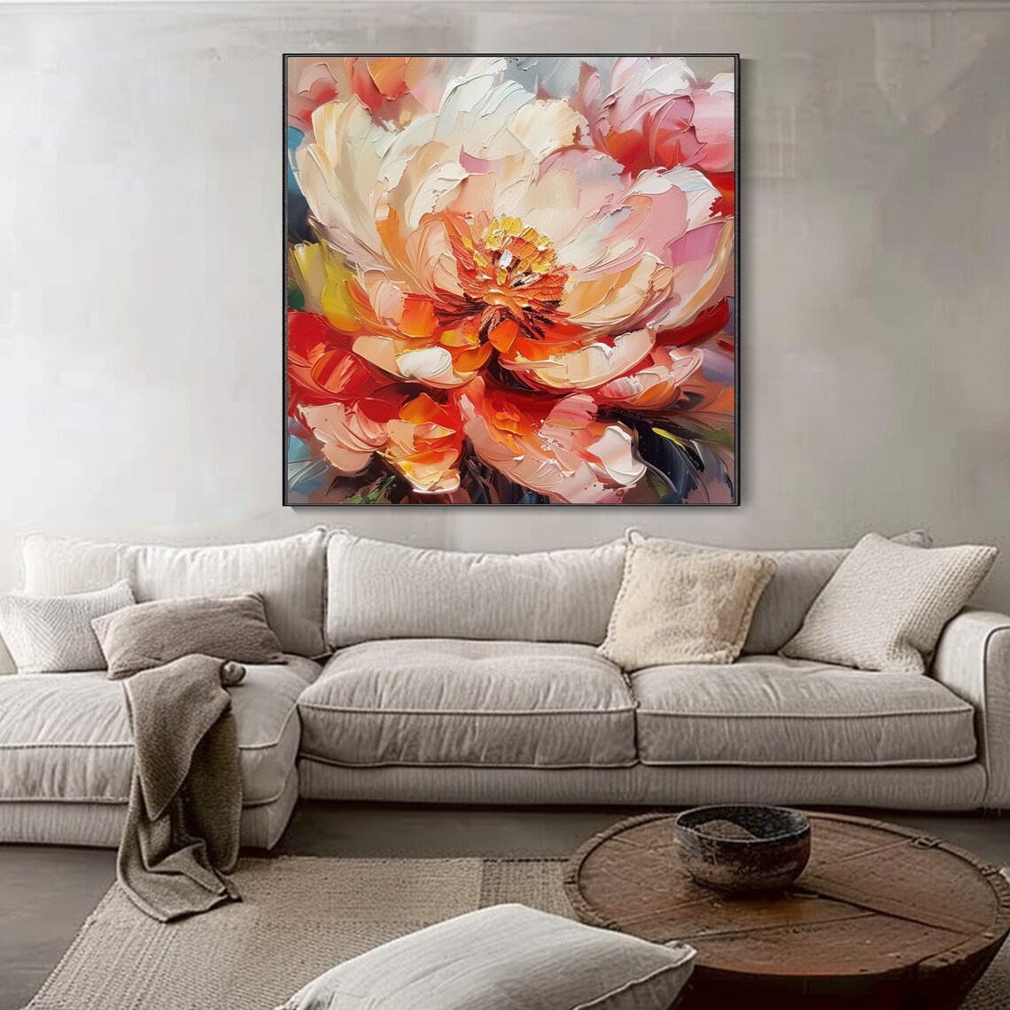 Coral Pink Peony Bloom Macro Palette Knife Floral Painting Poster - Image 3