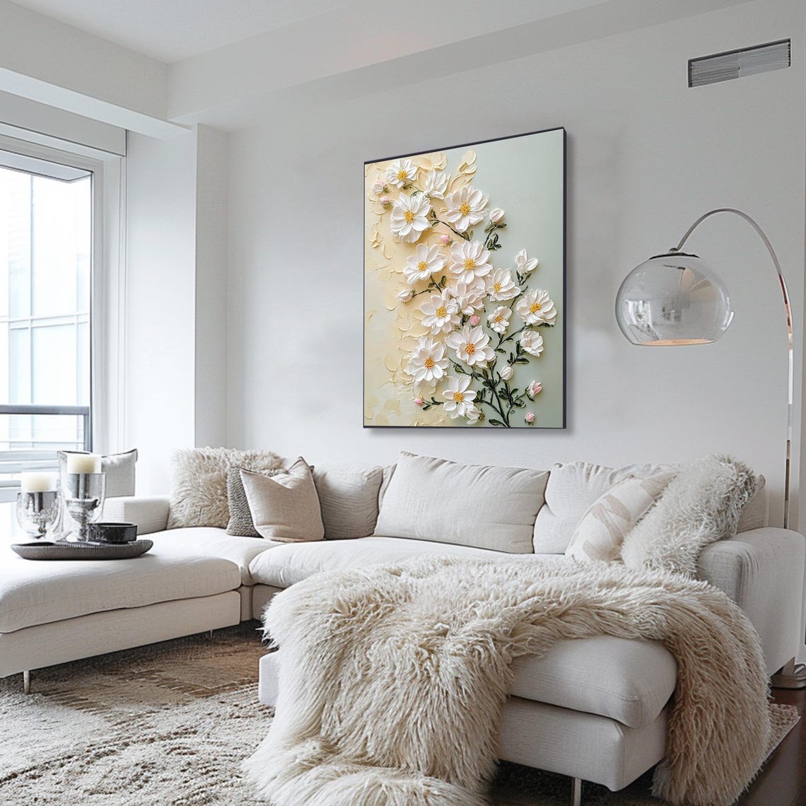 White Cosmos Flowers Cream Sage Background Floral Modern Poster - Image 2