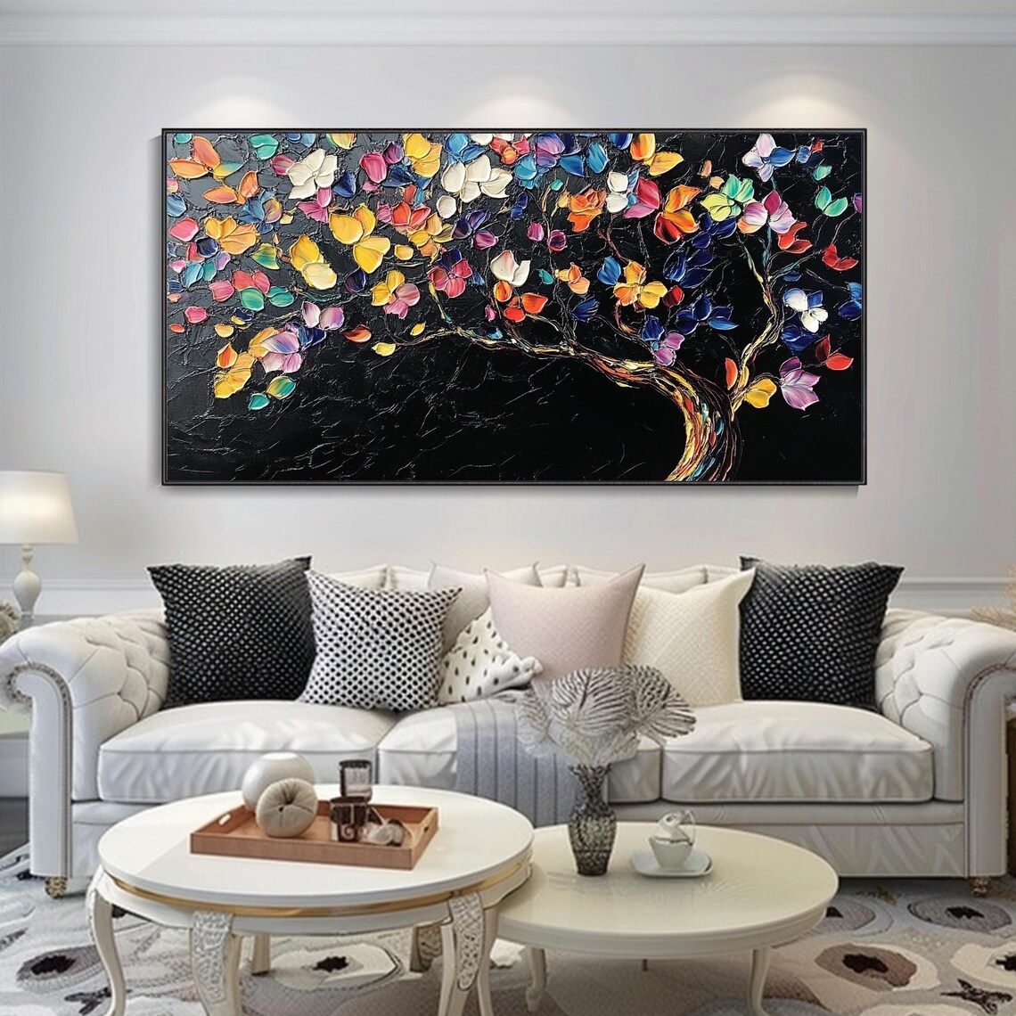 Tree of Life Colorful Blossoms Black Background Modern Art Poster - Image 2