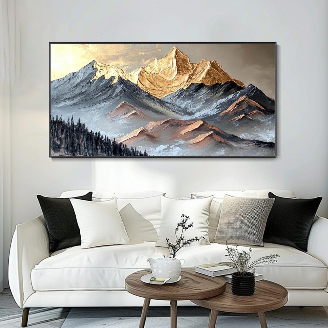 Golden Peak Mountains Misty Forest Ridge Impasto Landscape Art Poster - Image 4