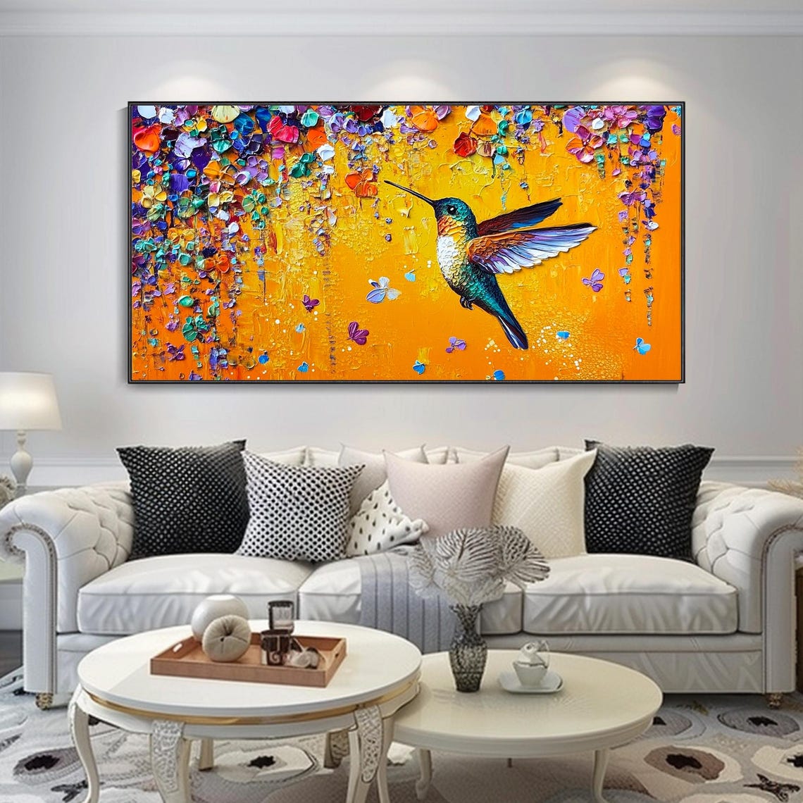Colorful Hummingbird Flying Orange Blossom Petals Impasto Art Poster - Image 3