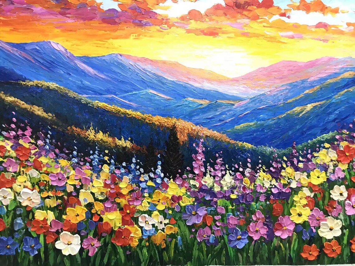 Golden Sunshine Flowers Landscape, Nature Art Print - Image 2