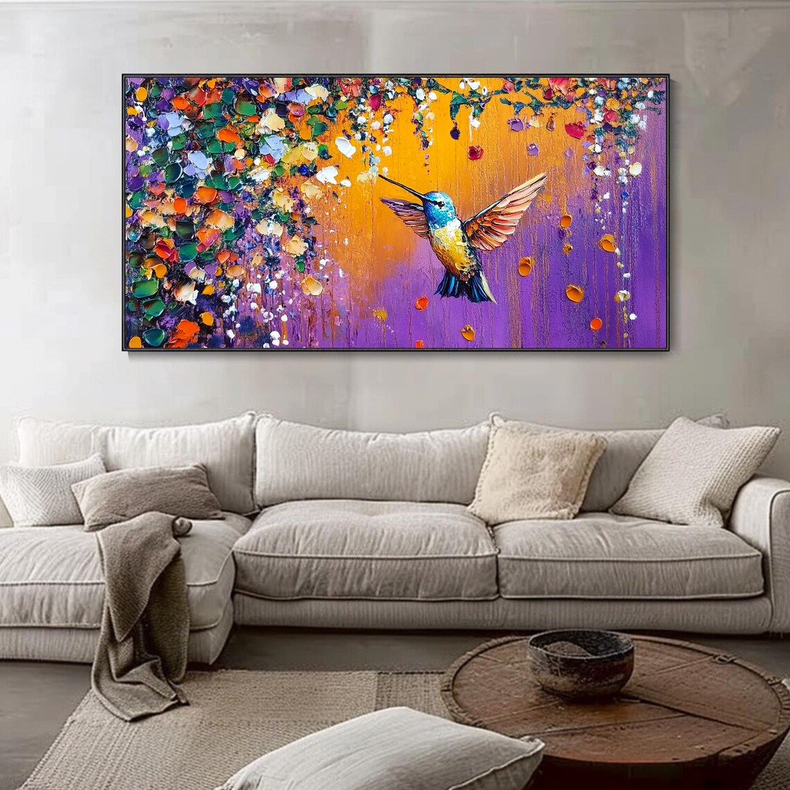 Hummingbird Copper Wings Purple Sunset Petals Impasto Art Poster - Image 4
