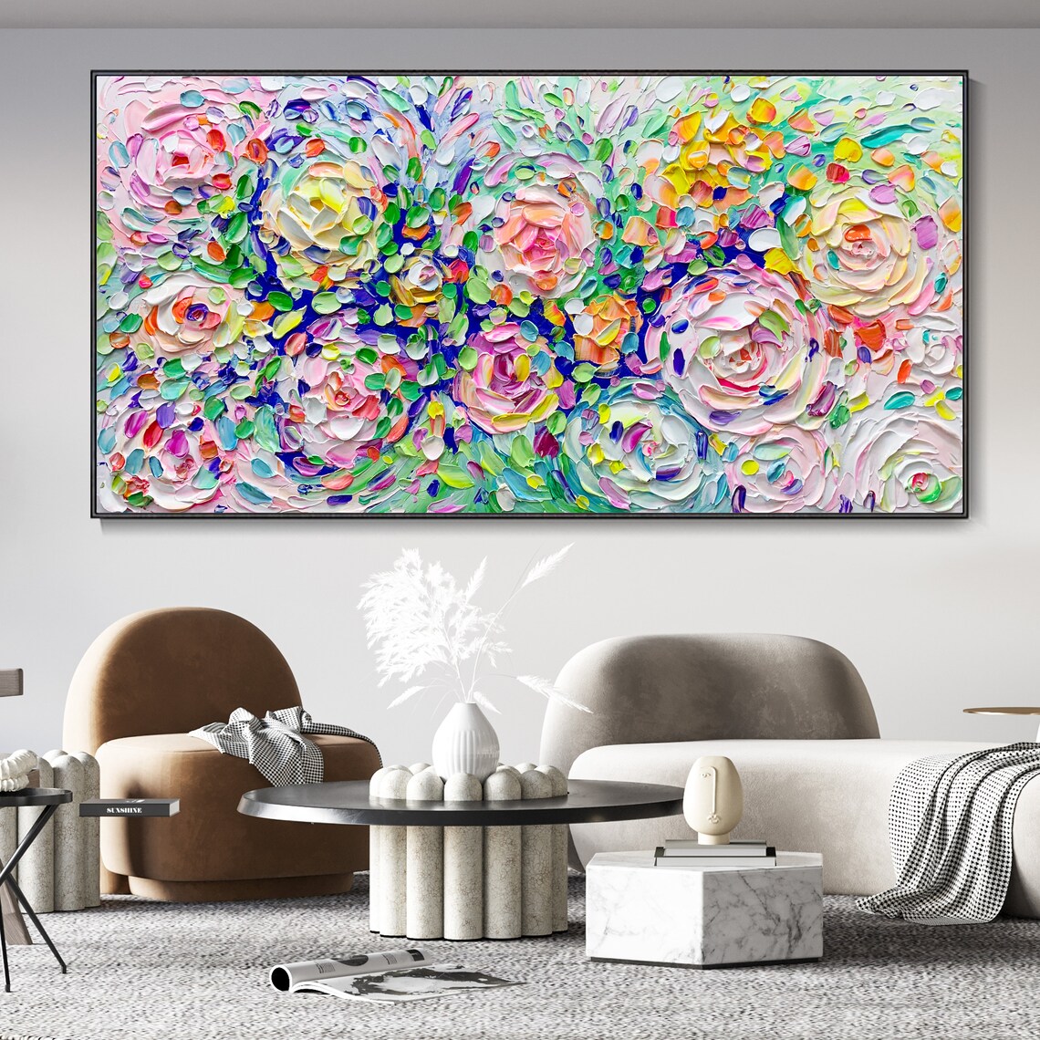 Boho Blooming Flowers Oil Painting Art Print - Image 3