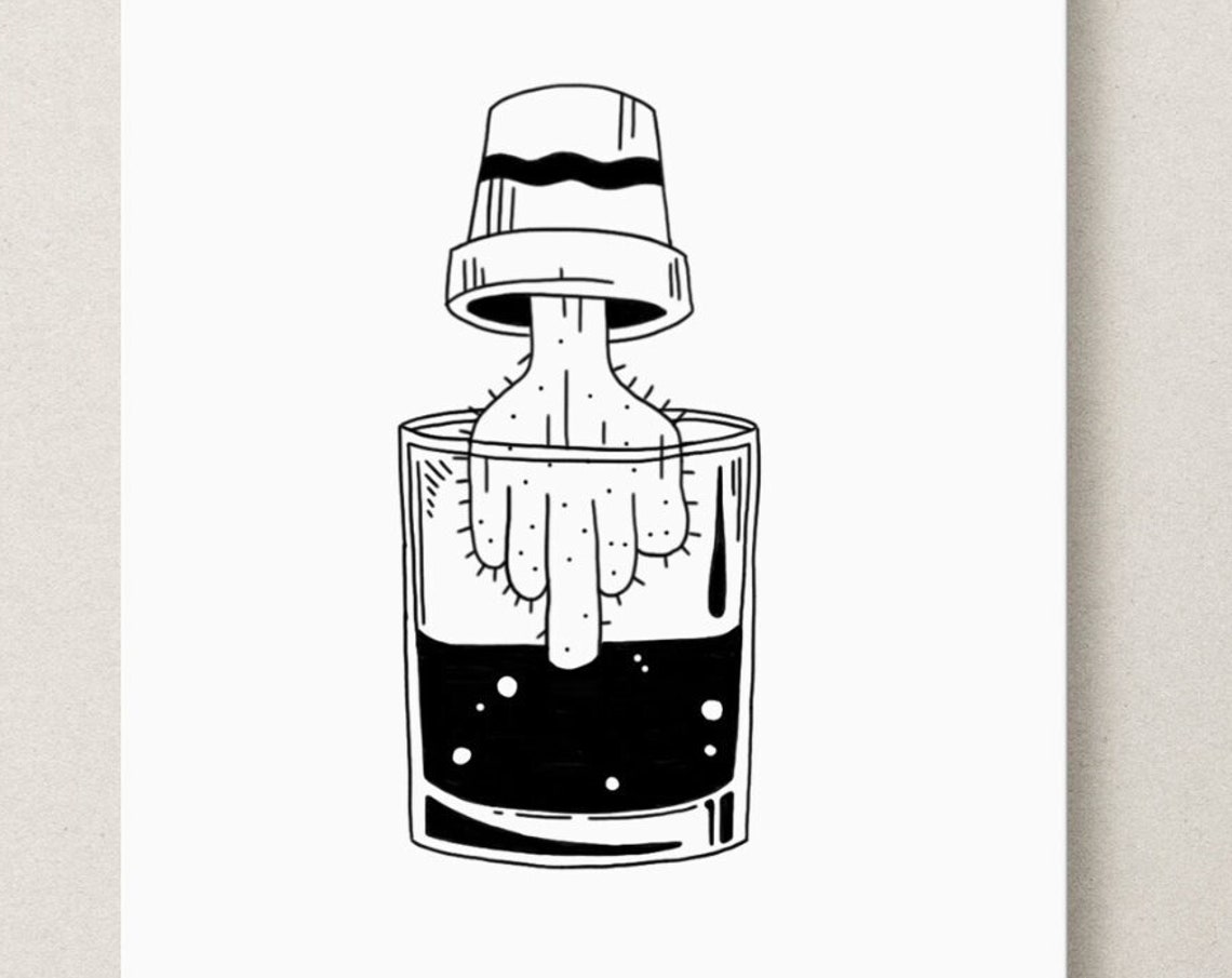 Upside Down Cactus Dipped Drink Glass Funny Quirky Ink Art Poster