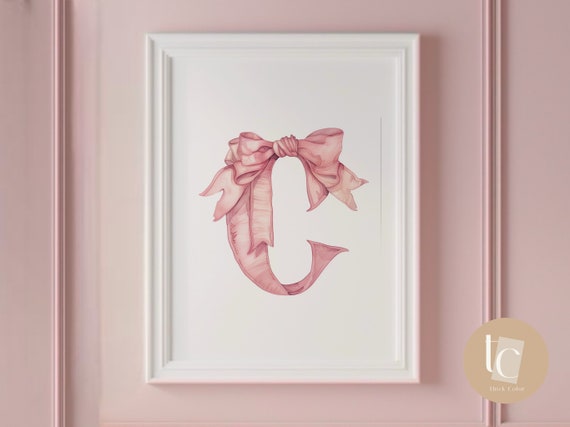 Baby Initial Pink C Watercolor Nursery Vintage Bow Print Ribbon Wall Art Prints Girl Decor Alphabet