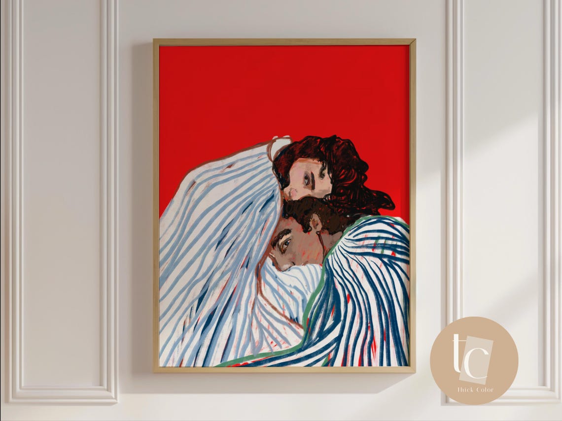 Bold Red Embrace Lovers Abstract Figurative Modern Romance Poster