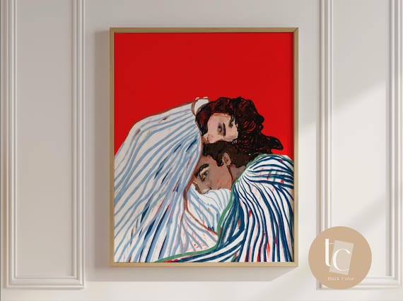 Bold Red Embrace Abstract Contemporary Figurative Wall Art Modern Lovers Print Minimalist Color Canvas Original Home Decor Stripes