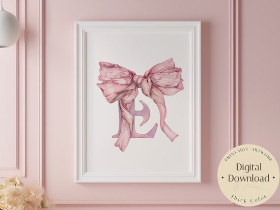 Baby Initial Pink E Watercolor Nursery Vintage Bow Print Ribbon Wall Art Prints Girl Decor Alphabet