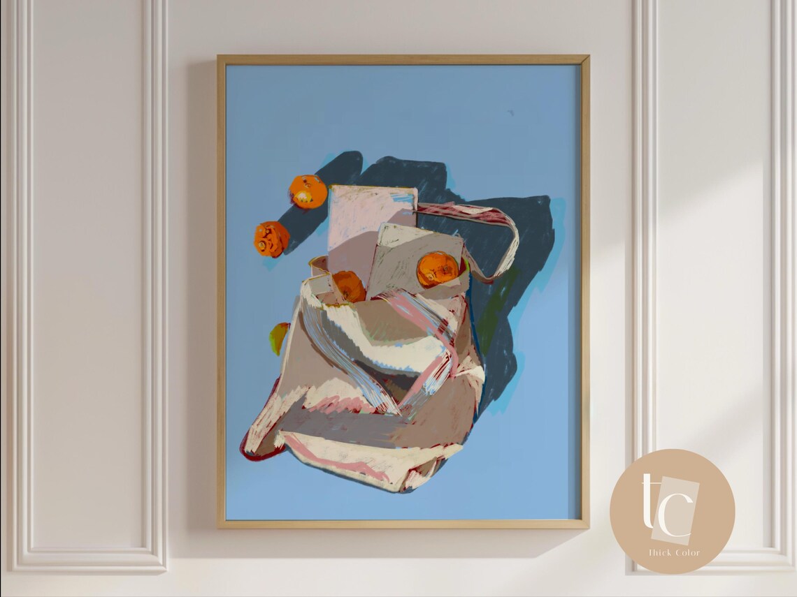 Bag Of Books And Oranges Abstract Blue Still Life Market Poster