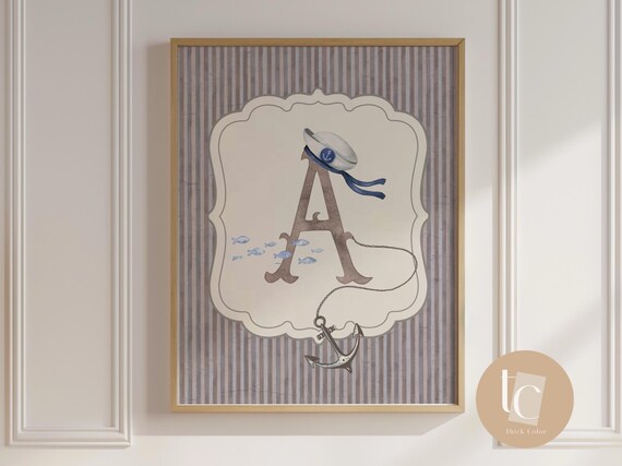 Nautical Letter A Sailor Hat Anchor Personalized Kids Nursery Sea Poster