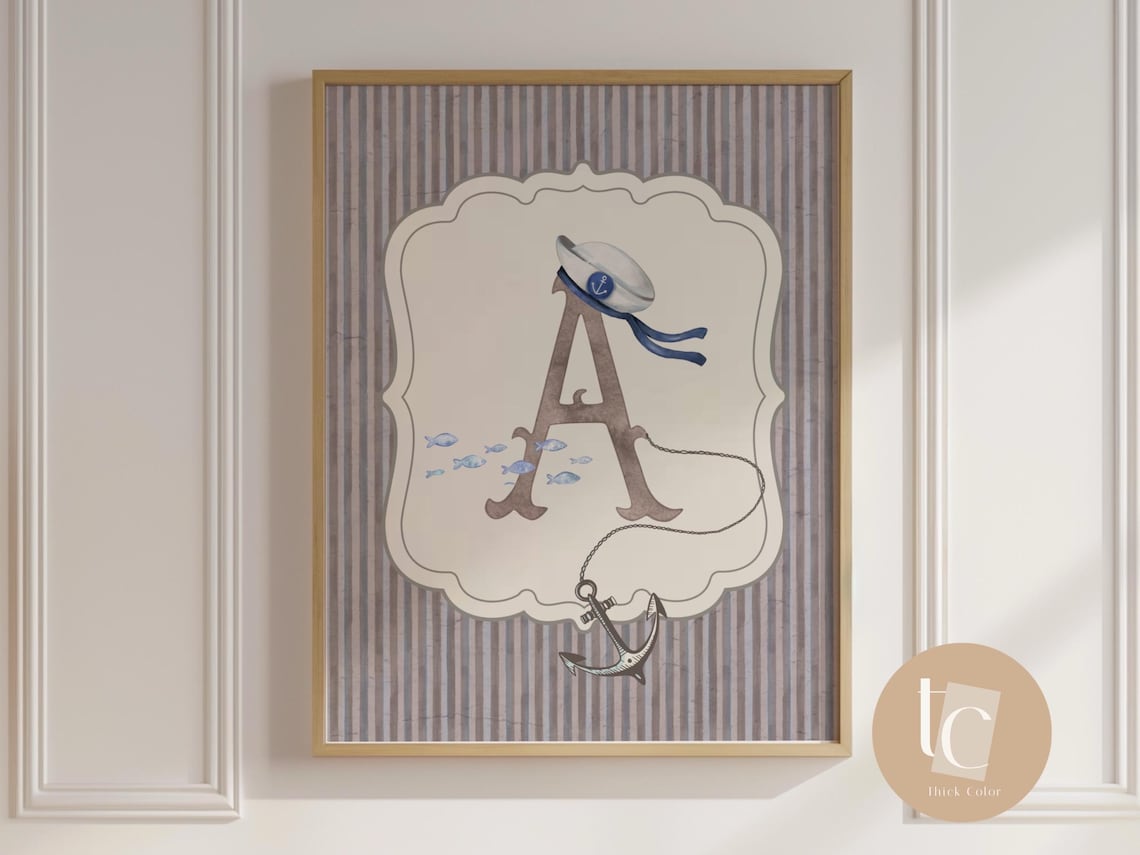 Nautical Letter A Sailor Hat Anchor Personalized Kids Nursery Sea Poster