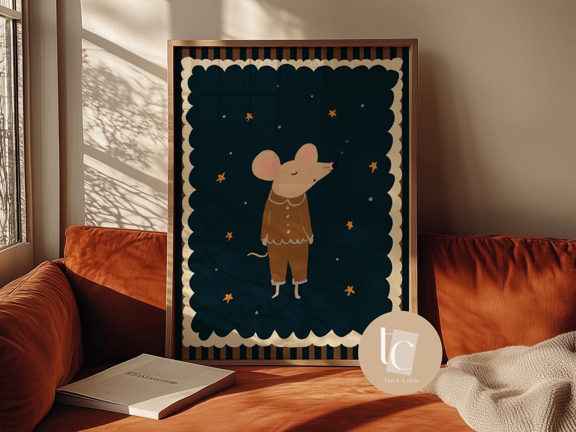 Sleeping Mouse In Pajamas Retro Nursery Whimsical Starry Kids Art Poster