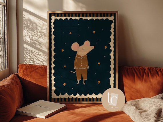 Sleeping Mouse In Pajamas Retro Nursery Whimsical Starry Kids Art Poster