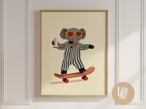 Cool Baby Elephant in Striped Overalls Skateboarding Vintage Nursery Poster