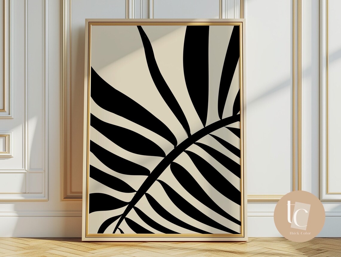 Monochrome Black Palm Leaf Silhouette on Cream Botanical Art Poster