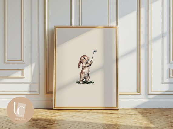Cool Bunny Playing Golf on Green Retro Nursery Sports Poster