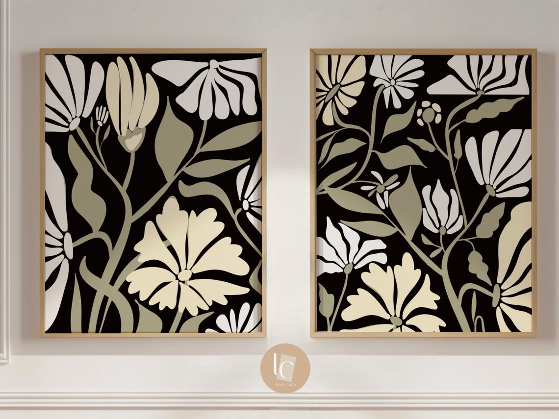 Set of Two White Botanical Pieces on Black Dramatic Floral Wall Poster