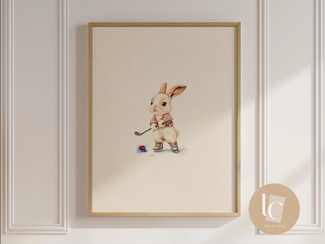 Cool Little Bunny Playing Hockey Retro Nursery Sports Poster