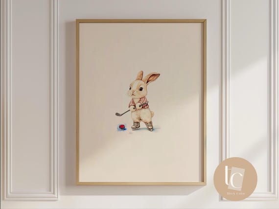 Cool Bunny Playing Hockey Retro Kids Nursery Wall Art Playful Childrens Decor Whimsical Animal