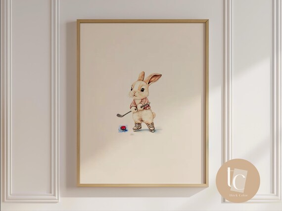 Cool Little Bunny Playing Hockey Retro Nursery Sports Poster