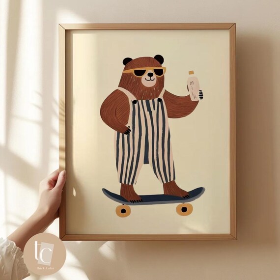 Bear Skateboarding With Milk Bottle Nursery Wall Art Retro Kids Print Funny Decor Silliest Goose Around