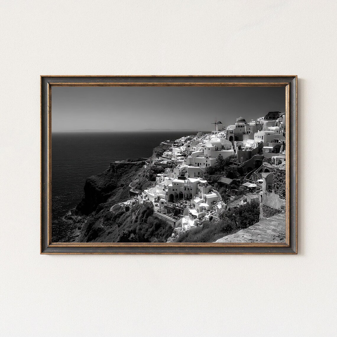 Santorini Cliffside Village Black White Aegean Photography Poster