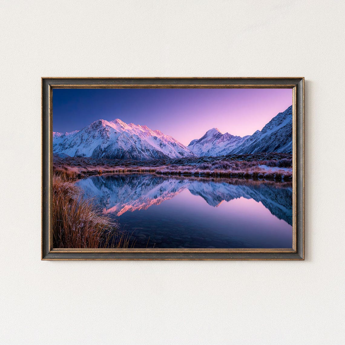 Pink Sunrise Snowy Mountain Peak Mirror Lake Reflection Poster