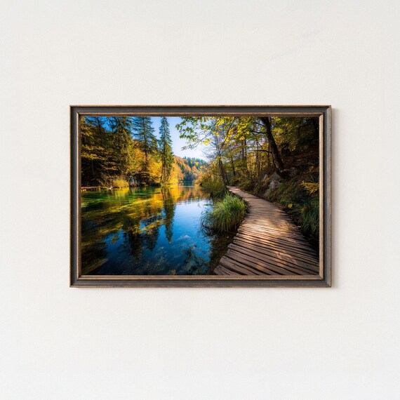 Autumn Forest Lake Boardwalk Turquoise Water Nature Scene Poster