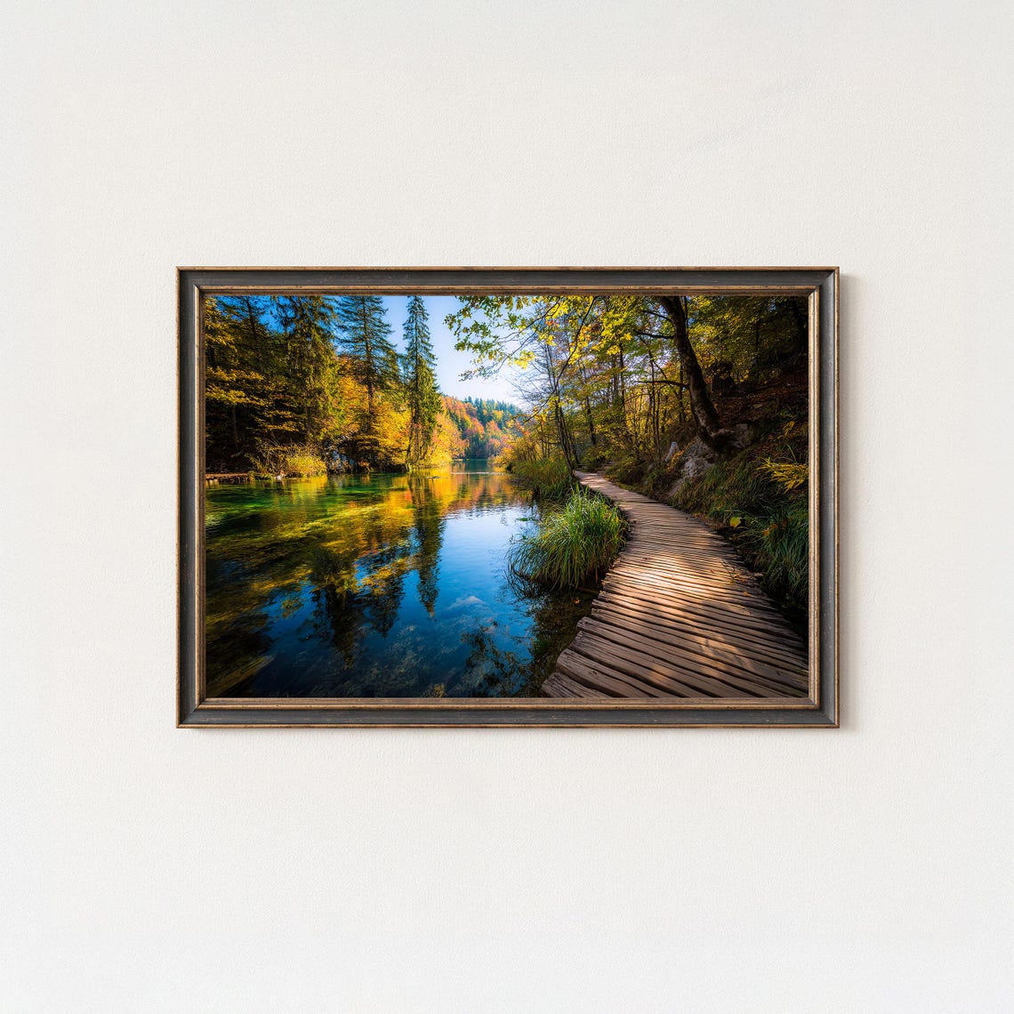 Autumn Forest Lake Boardwalk Turquoise Water Nature Scene Poster