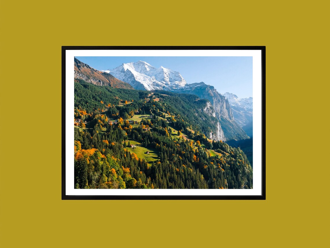 Swiss Alps Autumn Valley Snow Capped Mountains Landscape Print