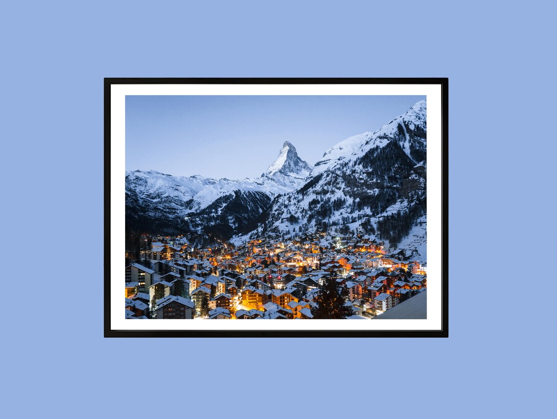 Matterhorn Over Zermatt Village Lights At Night Snowy Alps Poster