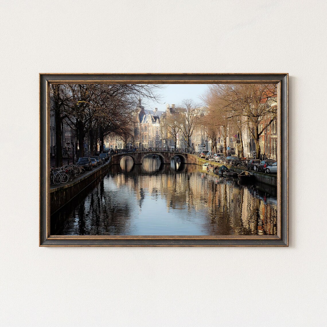Amsterdam Canal Stone Bridge Sunrise Reflection Europe Photo Poster
