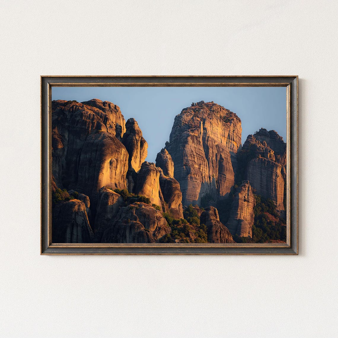 Meteora Greece Golden Hour Towering Rock Formations Landscape Poster