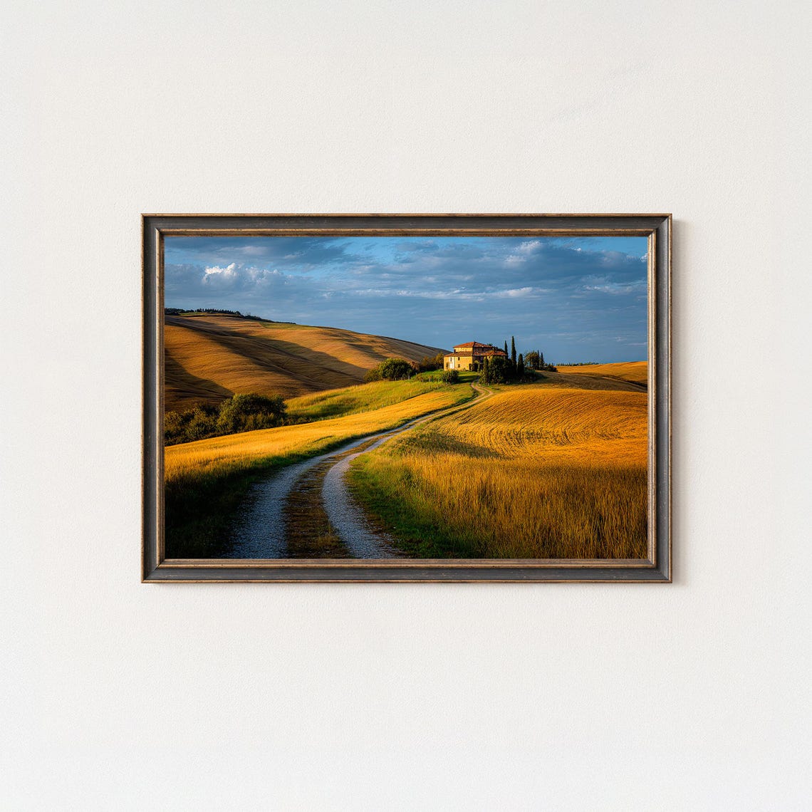 Tuscany Farmhouse Road Through Golden Fields At Sunset Poster