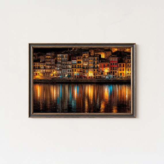 Porto Portugal Night Riverside Lights River Reflection Poster