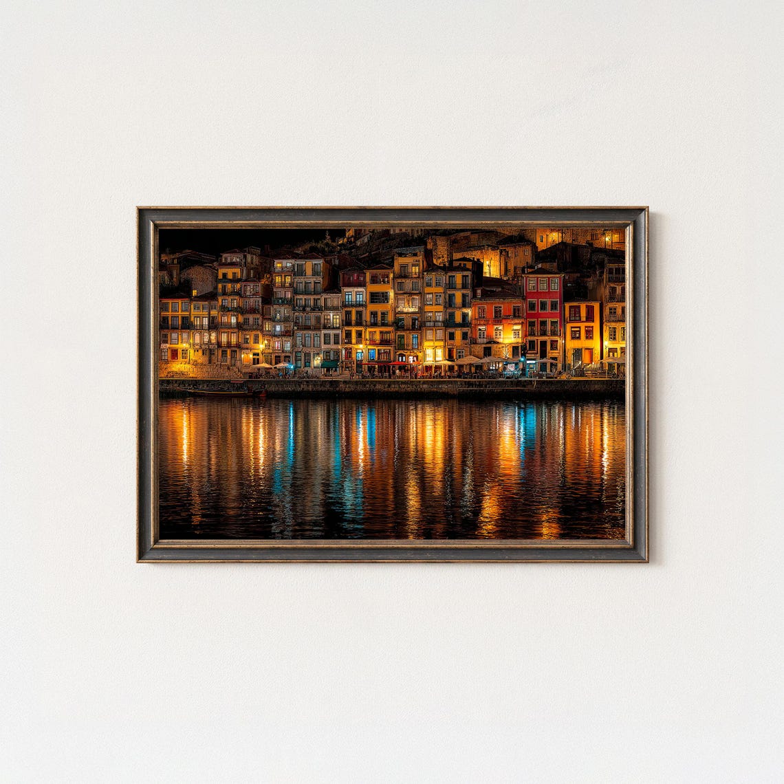 Porto Portugal Night Riverside Lights River Reflection Poster