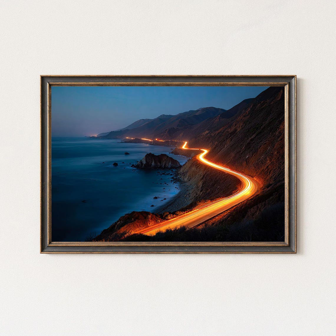 Winding Coastal Highway Night Long Exposure Light Trails Poster