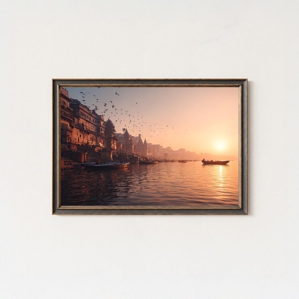 Varanasi Ghats At Sunrise With Birds Over The Ganges India Poster