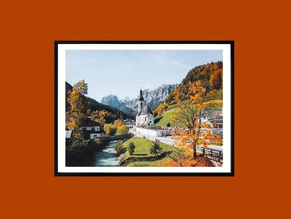 Bavarian Alpine Village Autumn Church By Mountain Stream Poster