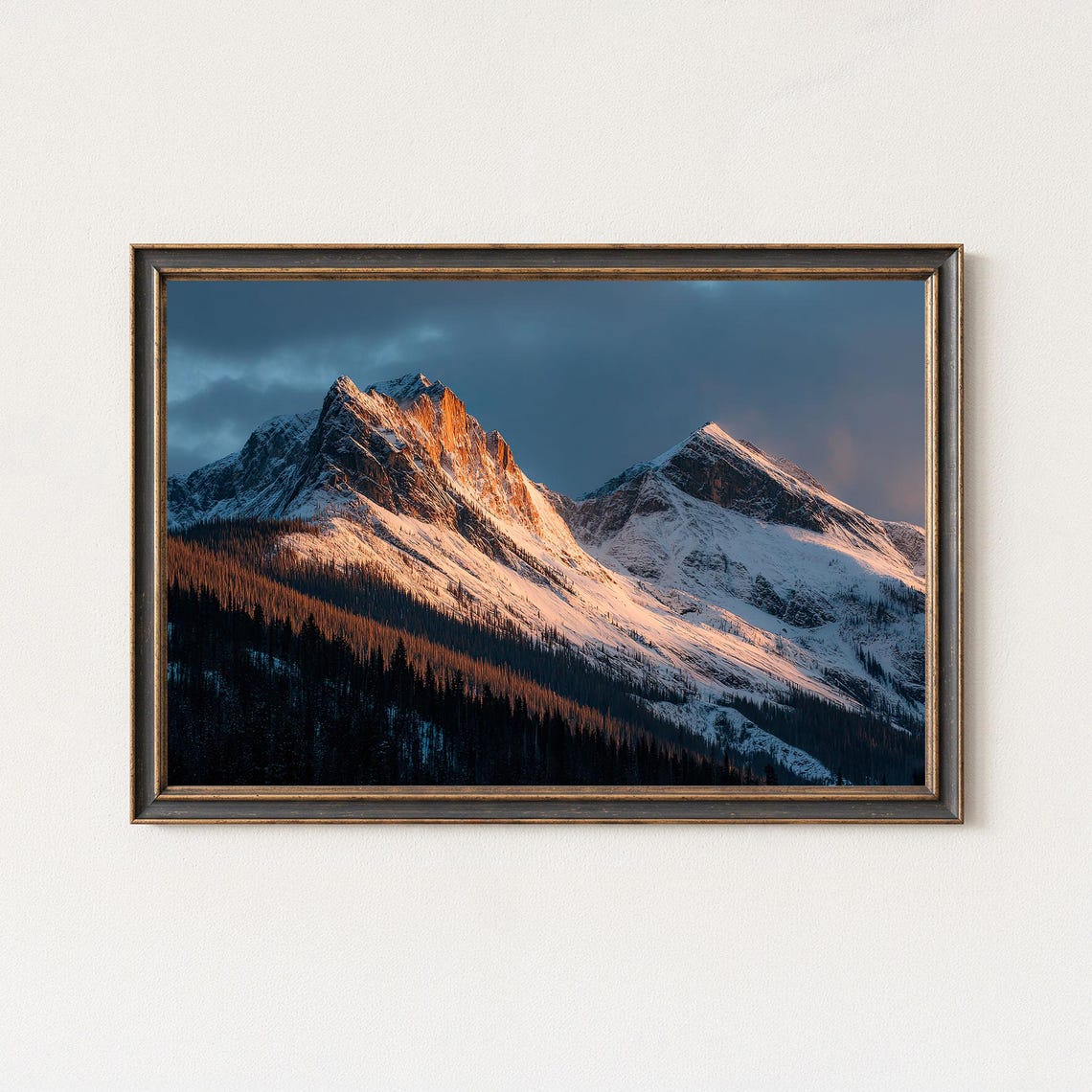 Snowy Mountain Peaks at Sunrise with Golden Alpine Glow Poster
