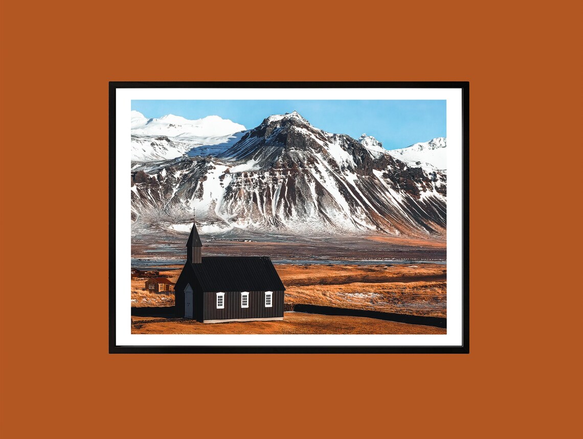 Iceland Black Church Snowy Mountain Landscape Nordic Photo Poster