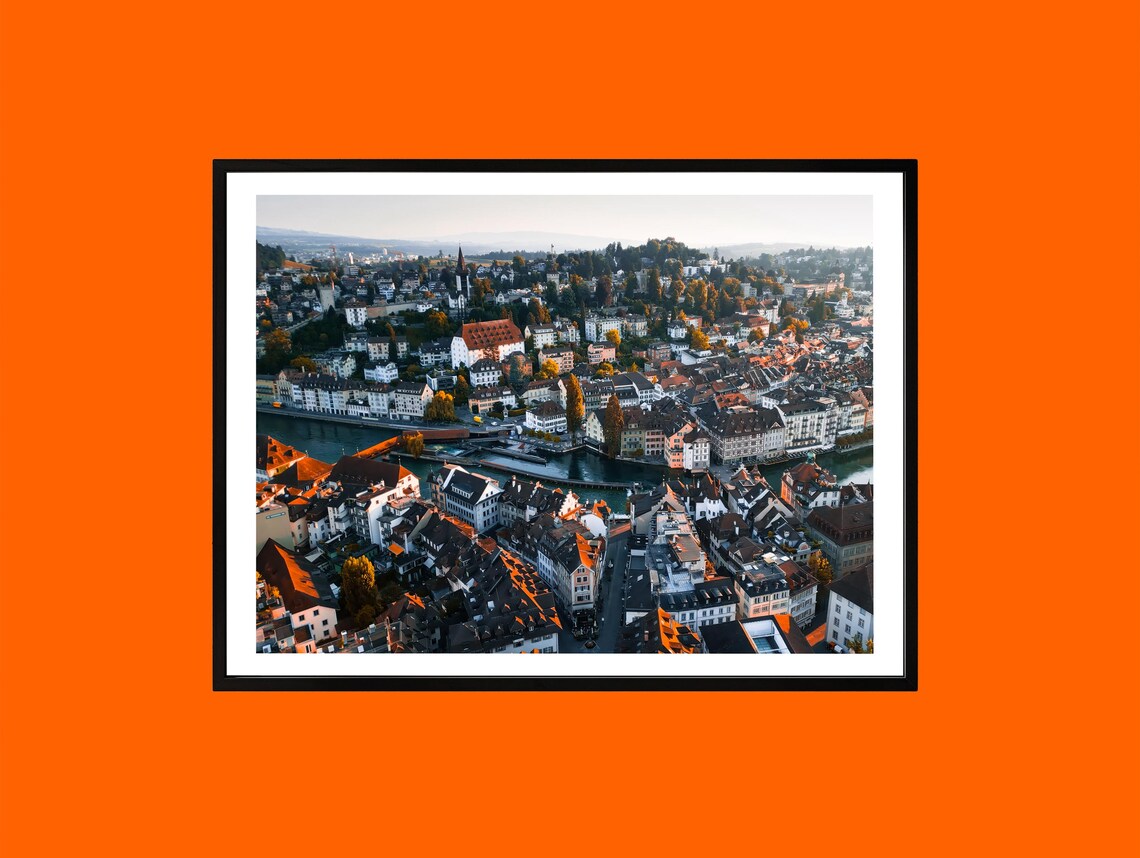 Lucerne Switzerland Old Town Aerial Rooftops River Swiss Poster Art