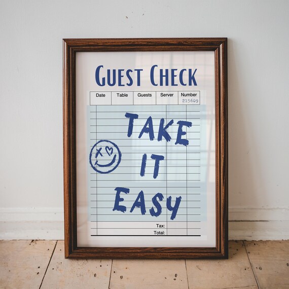Take It Easy Blue Guest Check Retro Quote Smiley Face Wall Poster