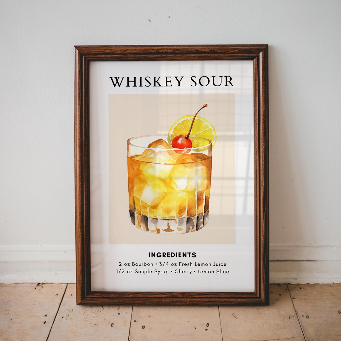 Whiskey Sour Cocktail Recipe Watercolor Cherry Lemon Bar Wall Poster