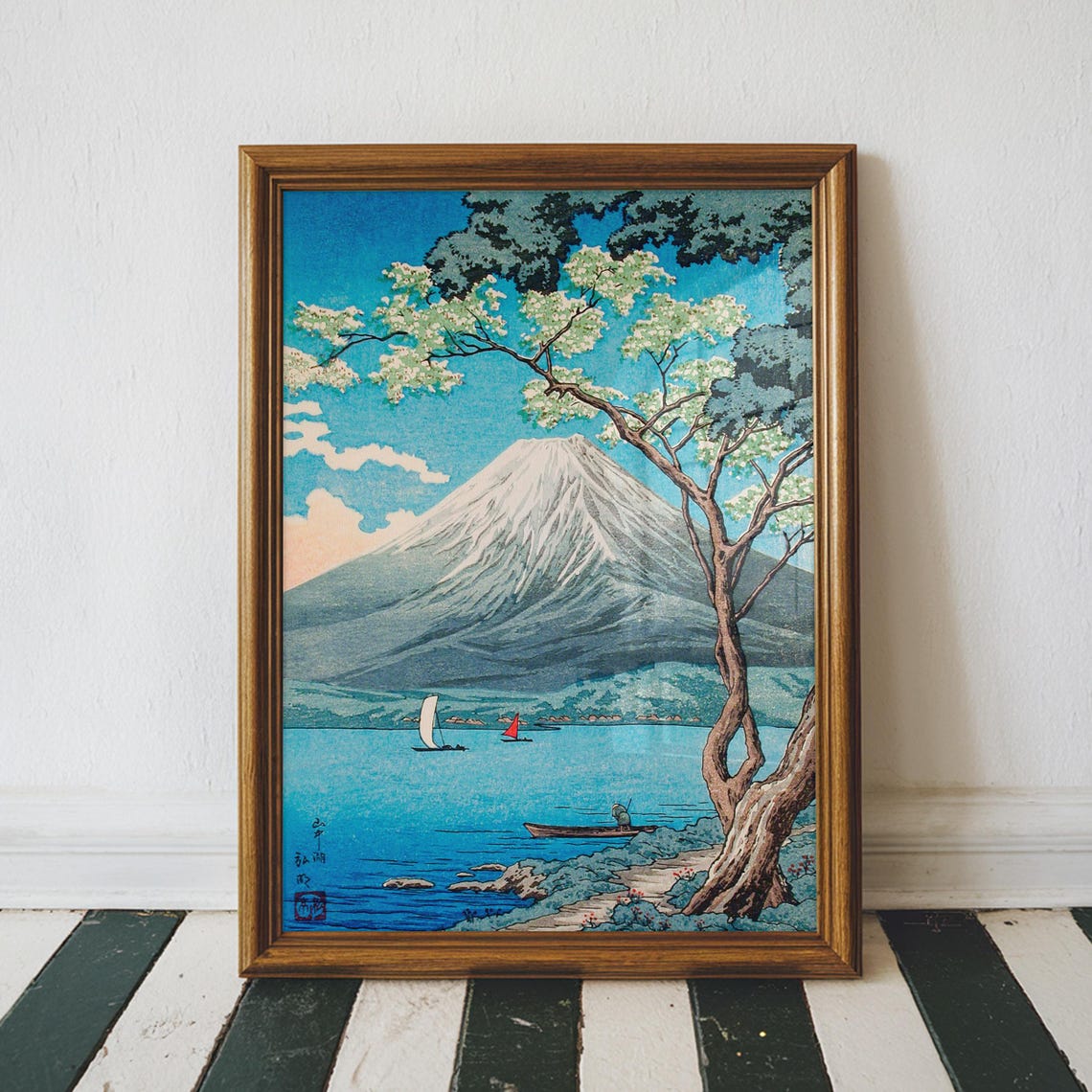 Hiroaki Takahashi Mount Fuji Lake Yamanaka Cherry Woodblock Poster