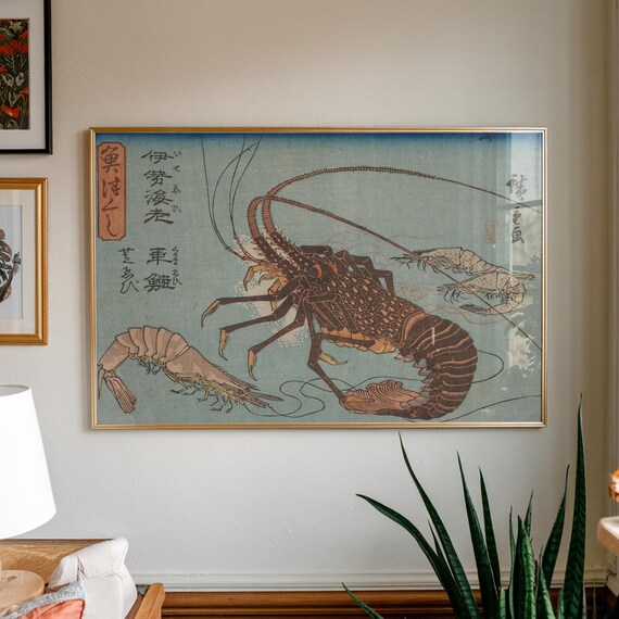 Japanese Lobster And Prawns Painting Coastal Decor Japan Wall Art Gift Ukiyoe Ocean Lover Museum Print